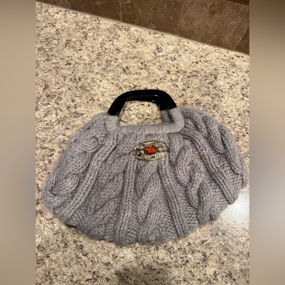 Hand Made Knitted Grey Purse Silk Floral